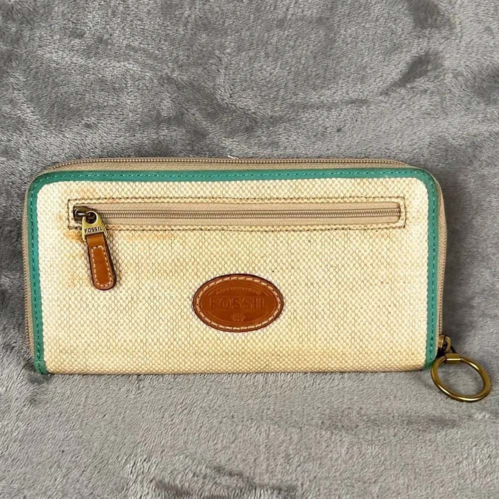 Fossil Zip‎ Around Woven Canvas Wallet Polka Dots Beige Tan With Turquoise Flaws